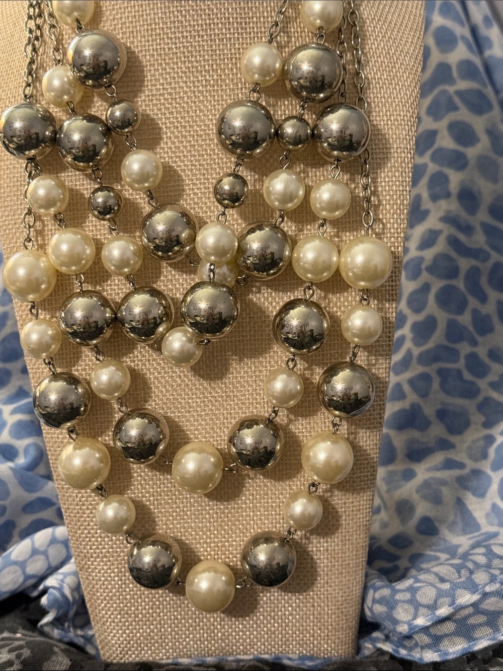 Multi-Strand Pearl and Metallic Bead Necklace - White & Silver - Picture 2 of 3
